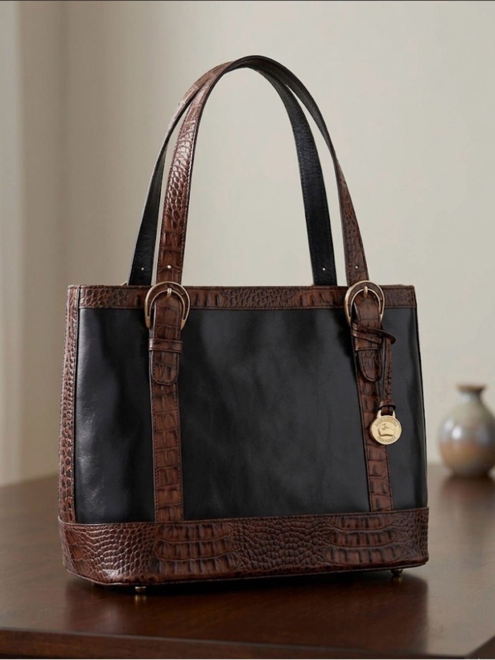 Brahmin Tuscan Collection Black & Brown Croc Embossed Leather Satchel Tote Bag